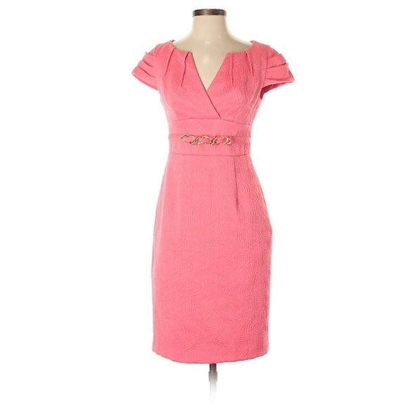Kay Unger Belted Coral Pink Dress Classic Pencil - Picture 3 of 3